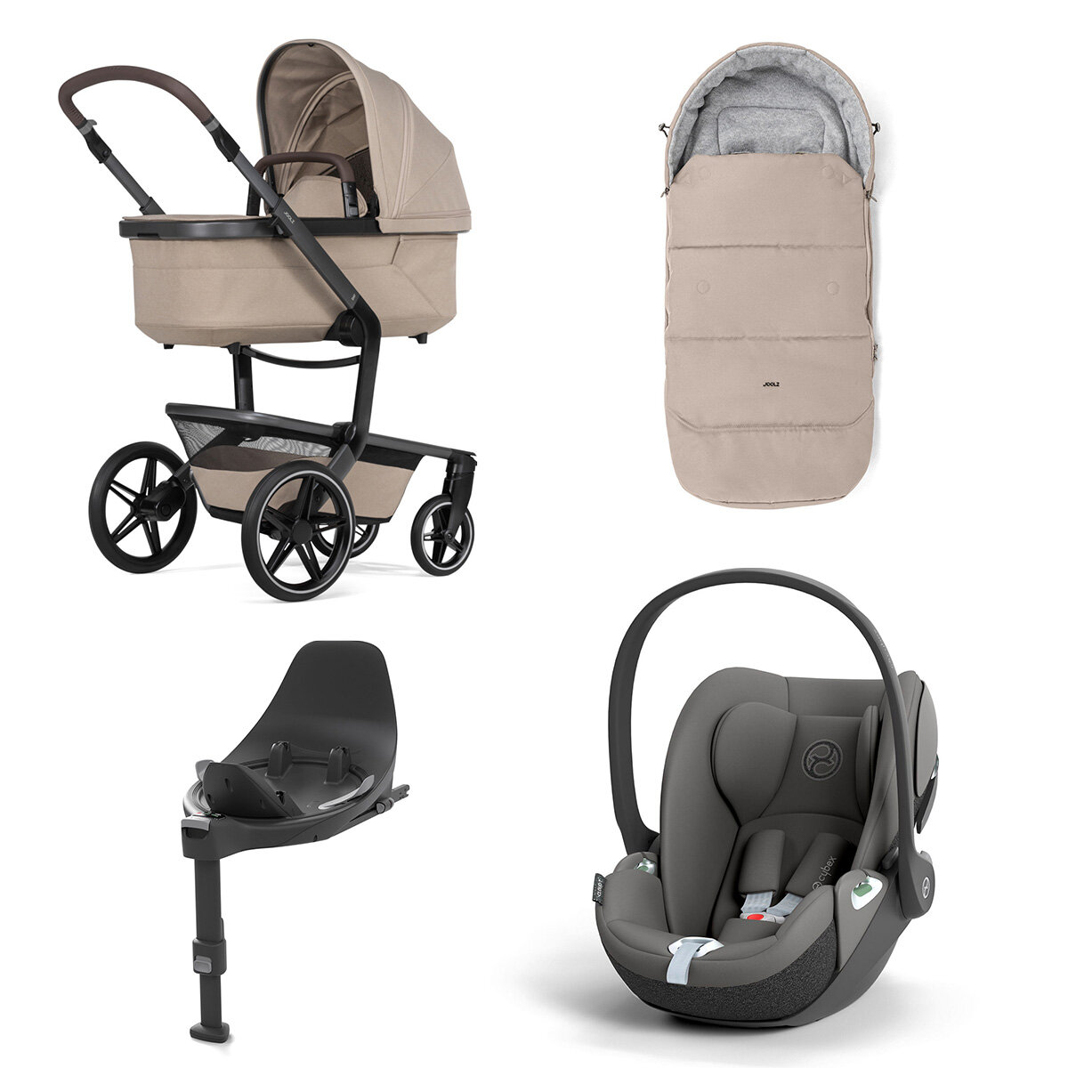 Joolz Day 5 Kinderwagen Set 4 in 1 inkl. Fußsack, Cybex Base T und Cybex Cloud T i-Size Plus Babyschale Sandy Taupe Cloud T i-Size Mirage Grey