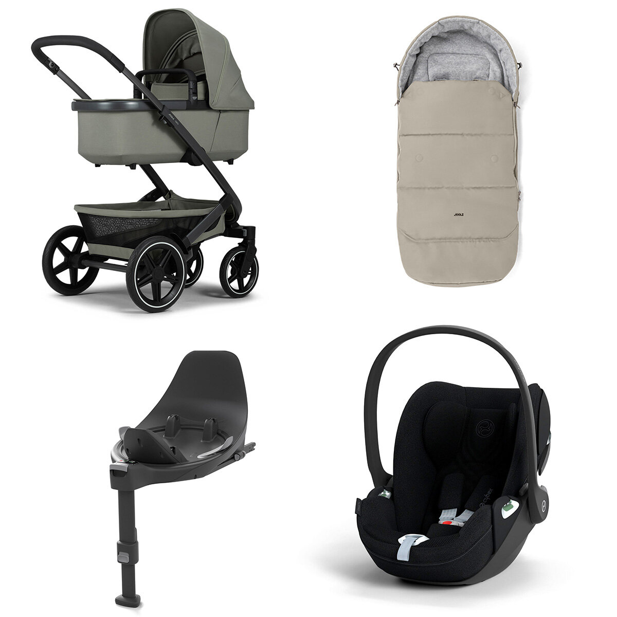 Joolz Geo 3 Mono Kinderwagen Set 4 in 1 inkl. Fußsack, Cybex Base T und Cybex Cloud T i-Size Babyschale Sage Green Cloud T i-Size Plus Sepia Black