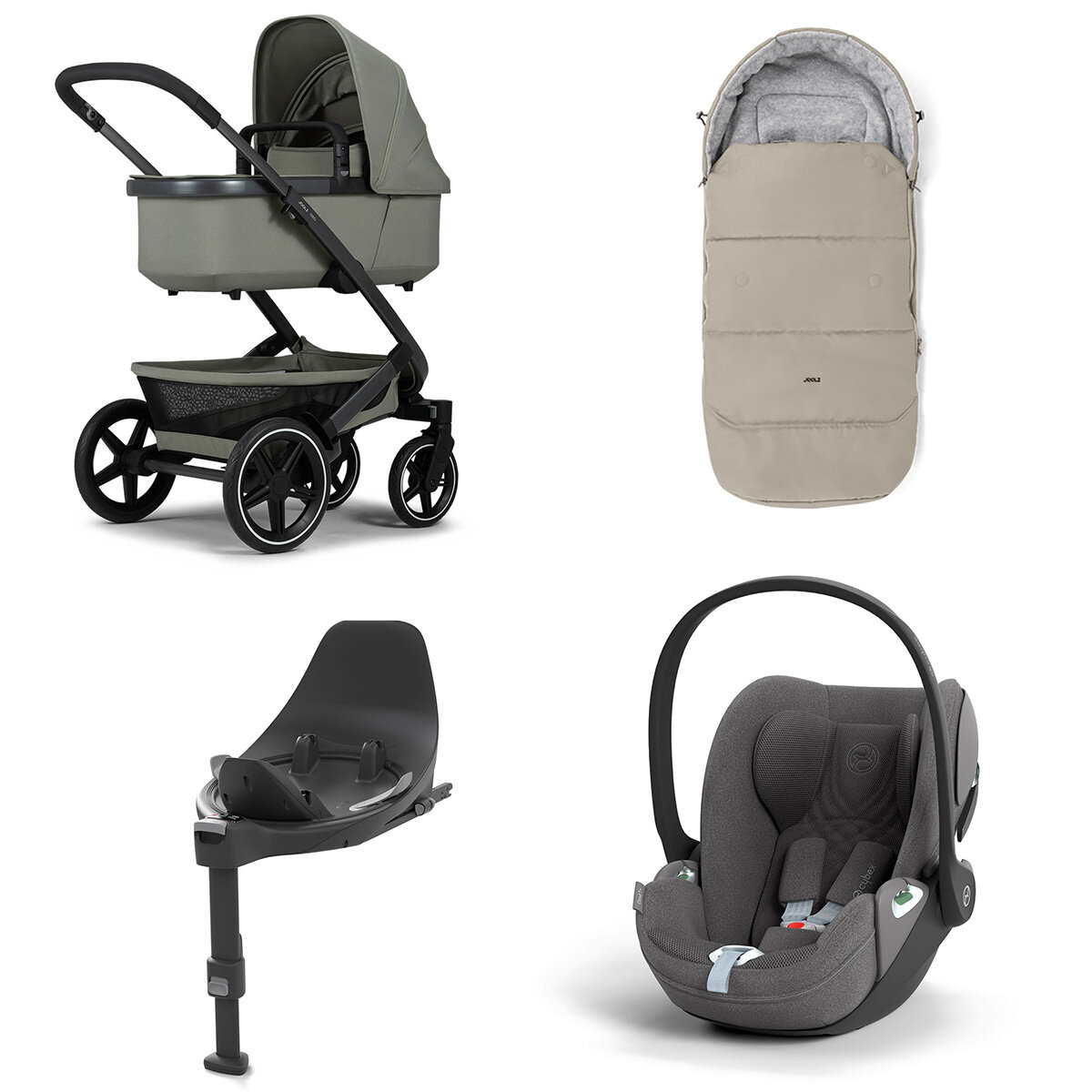 Joolz Geo 3 Mono Kinderwagen Set 4 in 1 inkl. Fußsack, Cybex Base T und Cybex Cloud T i-Size Babyschale Sage Green Cloud T i-Size Plus Mirage Grey