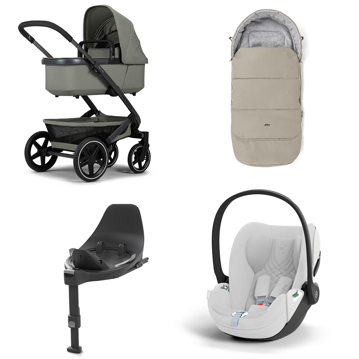 Joolz Geo 3 Mono Kinderwagen Set 4 in 1 inkl. Fußsack, Cybex Base T und Cybex Cloud T i-Size Babyschale Sage Green Cloud T i-Size Plus Platinum White