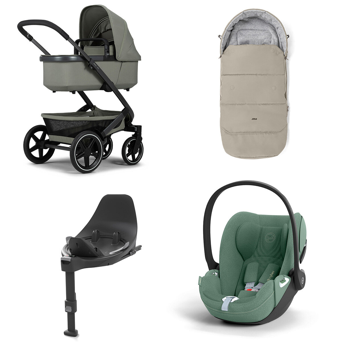 Joolz Geo 3 Mono Kinderwagen Set 4 in 1 inkl. Fußsack, Cybex Base T und Cybex Cloud T i-Size Babyschale Sage Green Cloud T i-Size Plus Leaf Green