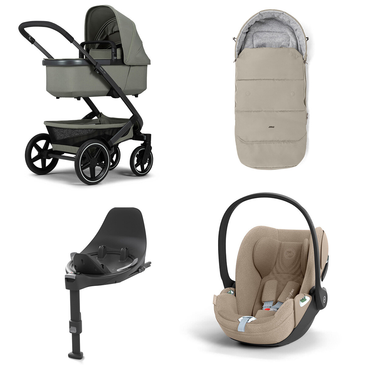 Joolz Geo 3 Mono Kinderwagen Set 4 in 1 inkl. Fußsack, Cybex Base T und Cybex Cloud T i-Size Babyschale Sage Green Cloud T i-Size Plus Cozy Beige