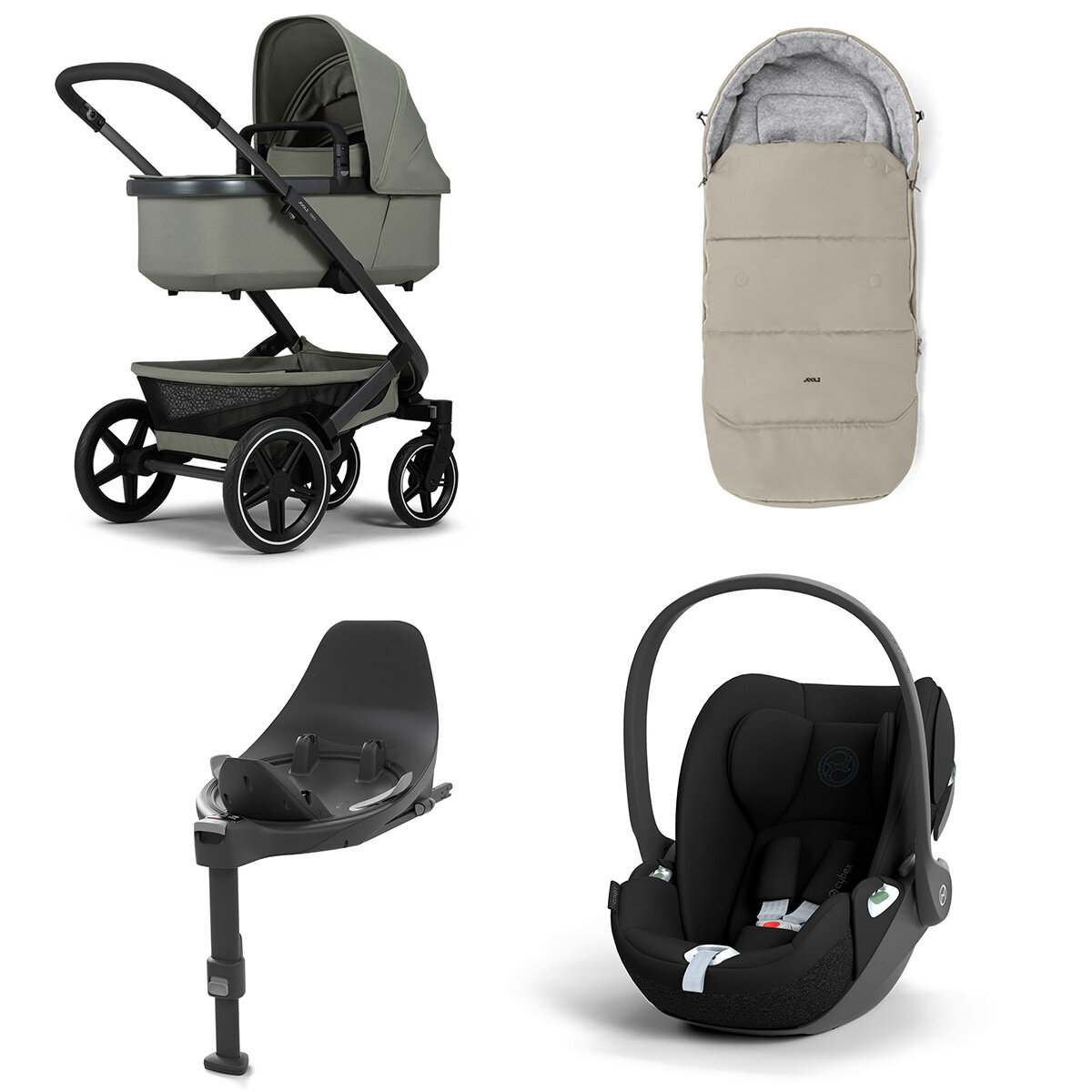 Joolz Geo 3 Mono Kinderwagen Set 4 in 1 inkl. Fußsack, Cybex Base T und Cybex Cloud T i-Size Babyschale Sage Green Cloud T i-Size Sepia Black