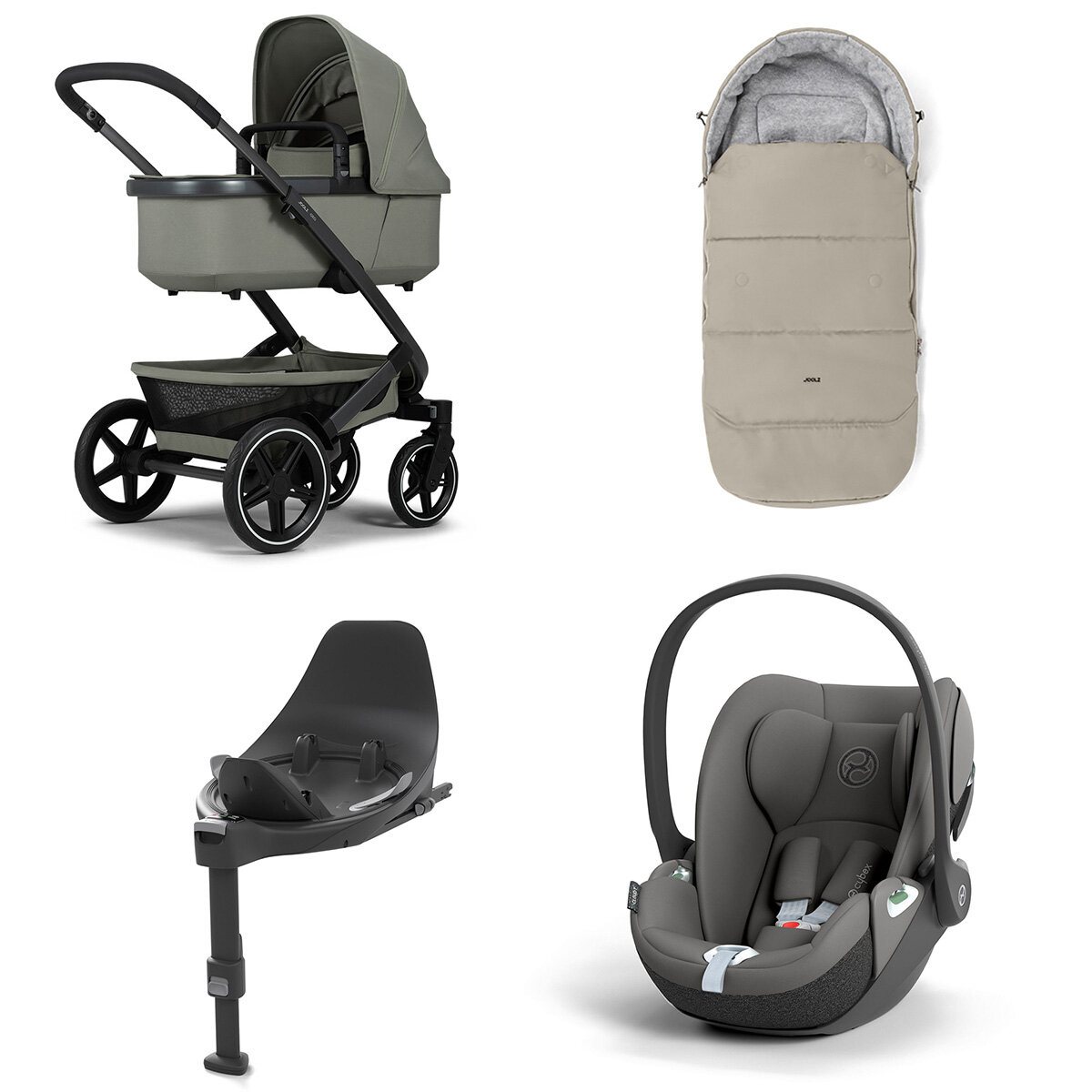 Joolz Geo 3 Mono Kinderwagen Set 4 in 1 inkl. Fußsack, Cybex Base T und Cybex Cloud T i-Size Babyschale Sage Green Cloud T i-Size Mirage Grey