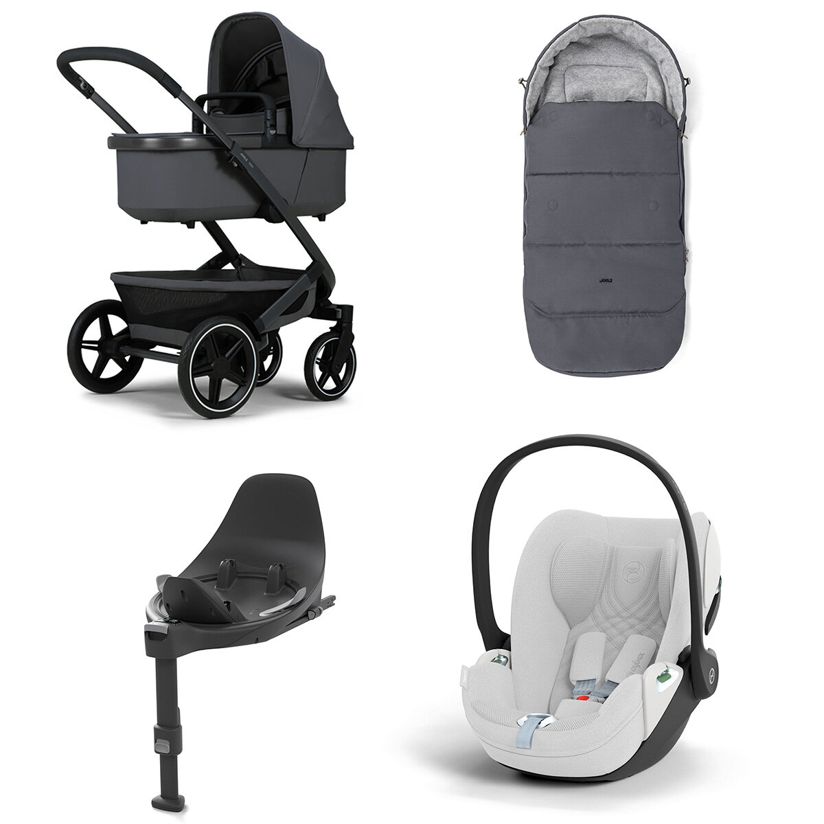 Joolz Geo 3 Mono Kinderwagen Set 4 in 1 inkl. Fußsack, Cybex Base T und Cybex Cloud T i-Size Babyschale Stone Grey Cloud T i-Size Plus Platinum White