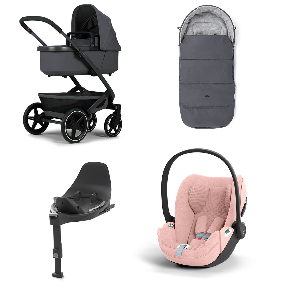 Joolz Geo 3 Mono Kinderwagen Set 4 in 1 inkl. Fußsack, Cybex Base T und Cybex Cloud T i-Size Babyschale Stone Grey Cloud T i-Size Plus Peach Pink