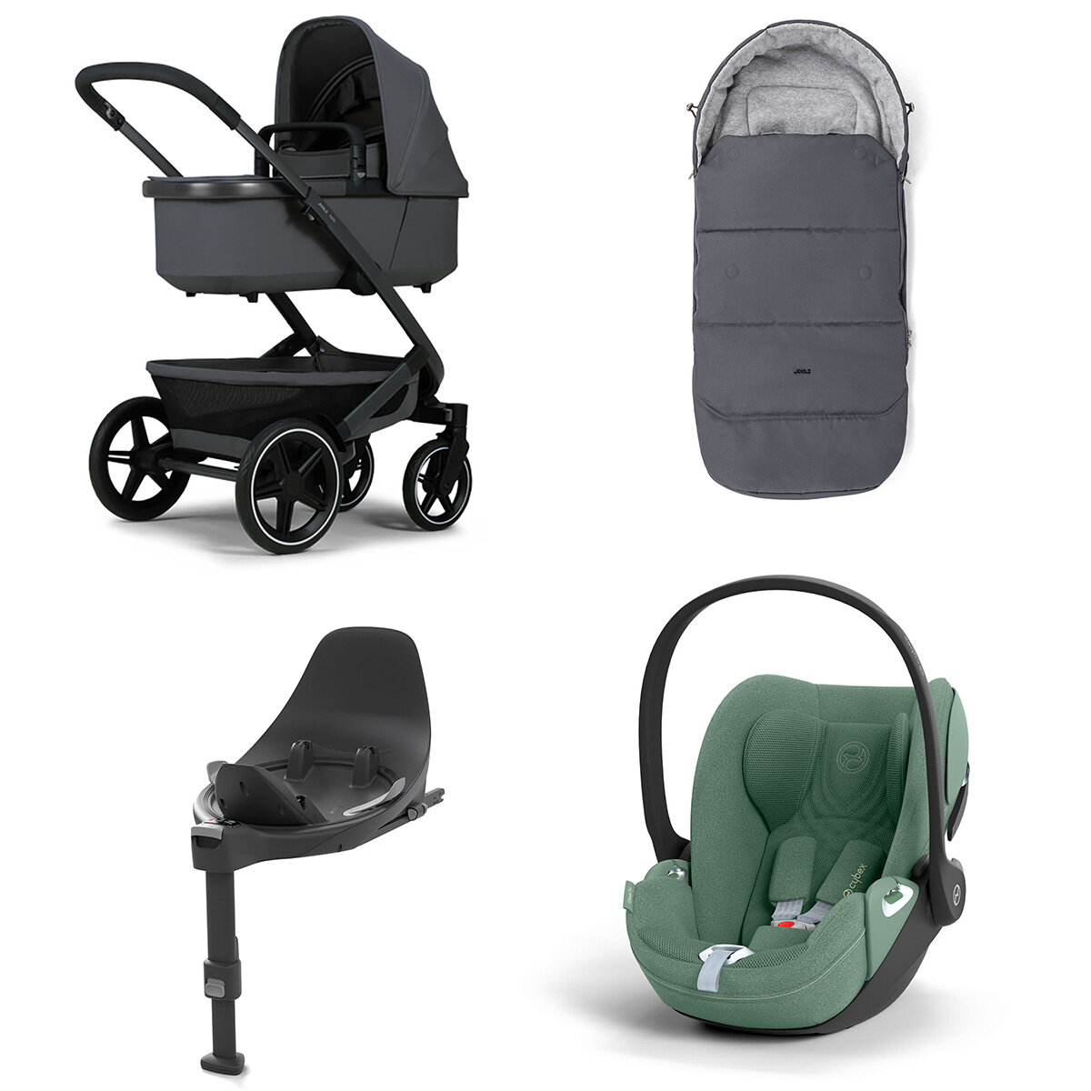 Joolz Geo 3 Mono Kinderwagen Set 4 in 1 inkl. Fußsack, Cybex Base T und Cybex Cloud T i-Size Babyschale Stone Grey Cloud T i-Size Plus Leaf Green