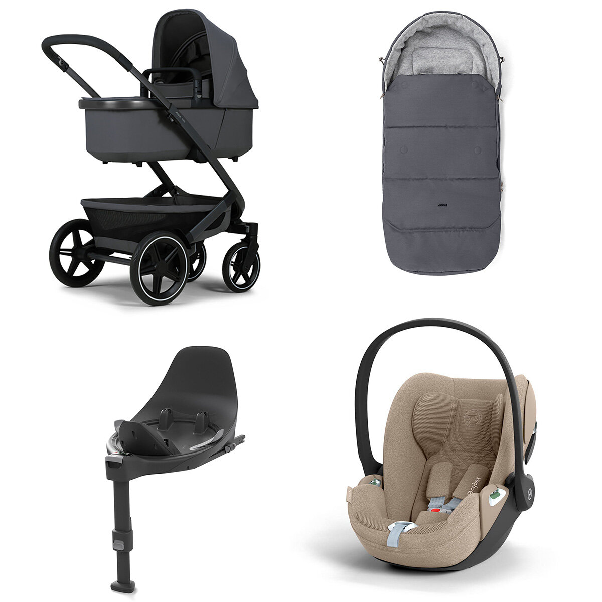 Joolz Geo 3 Mono Kinderwagen Set 4 in 1 inkl. Fußsack, Cybex Base T und Cybex Cloud T i-Size Babyschale Stone Grey Cloud T i-Size Plus Cozy Beige
