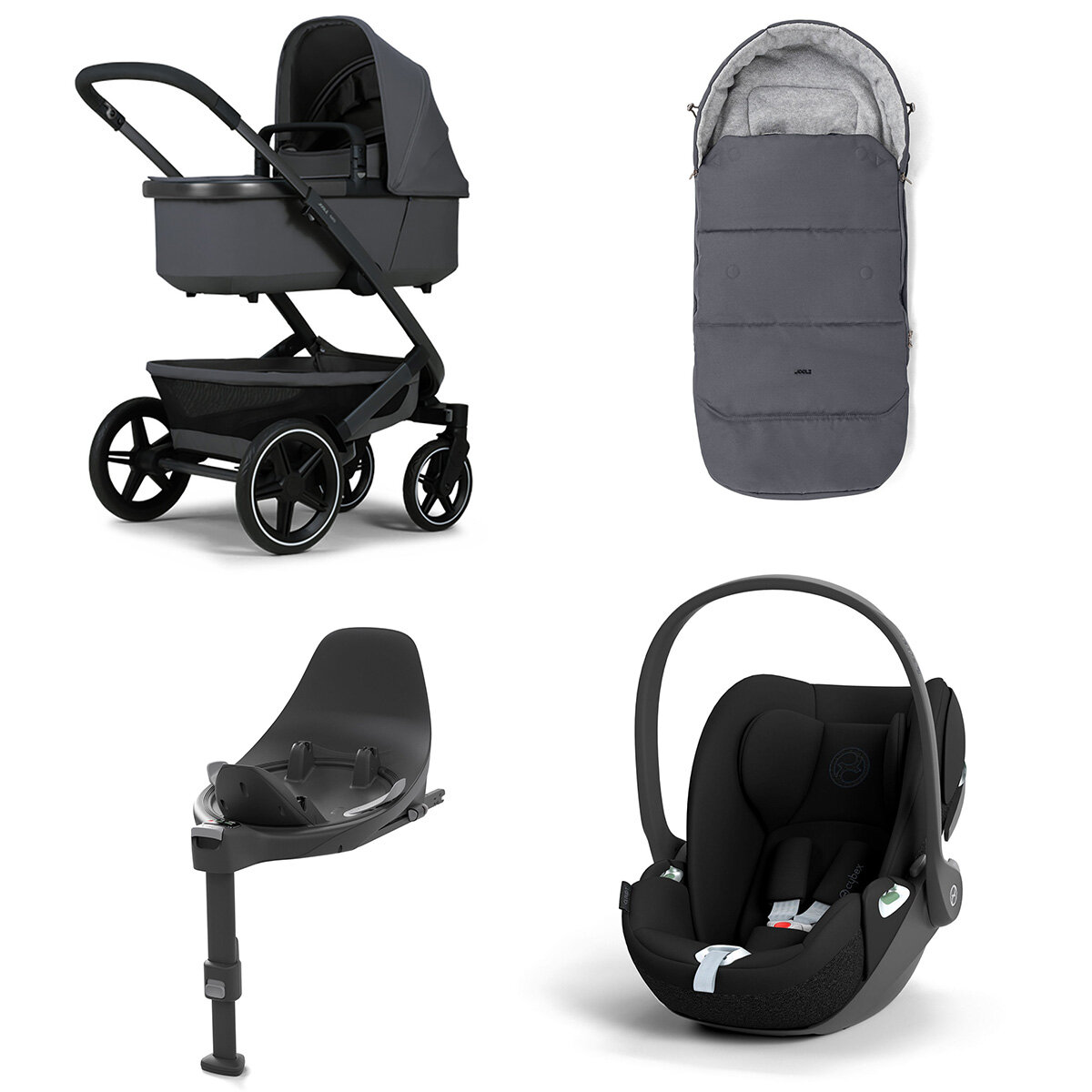 Joolz Geo 3 Mono Kinderwagen Set 4 in 1 inkl. Fußsack, Cybex Base T und Cybex Cloud T i-Size Babyschale Stone Grey Cloud T i-Size Sepia Black
