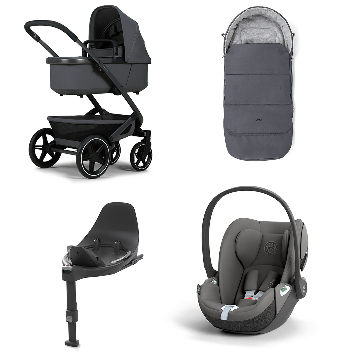 Joolz Geo 3 Mono Kinderwagen Set 4 in 1 inkl. Fußsack, Cybex Base T und Cybex Cloud T i-Size Babyschale Stone Grey Cloud T i-Size Mirage Grey