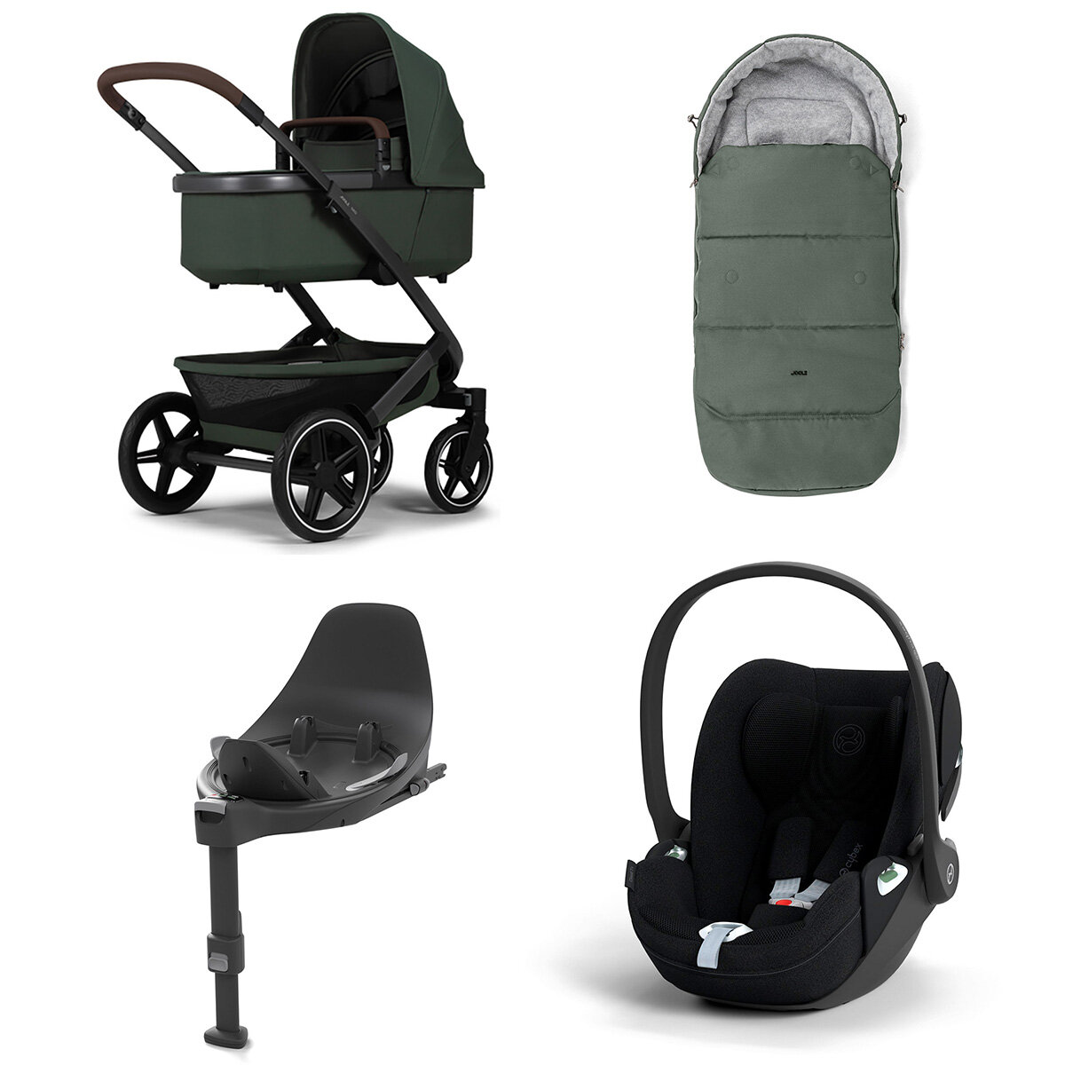 Joolz Geo 3 Mono Kinderwagen Set 4 in 1 inkl. Fußsack, Cybex Base T und Cybex Cloud T i-Size Babyschale Forest Green Cloud T i-Size Plus Sepia Black