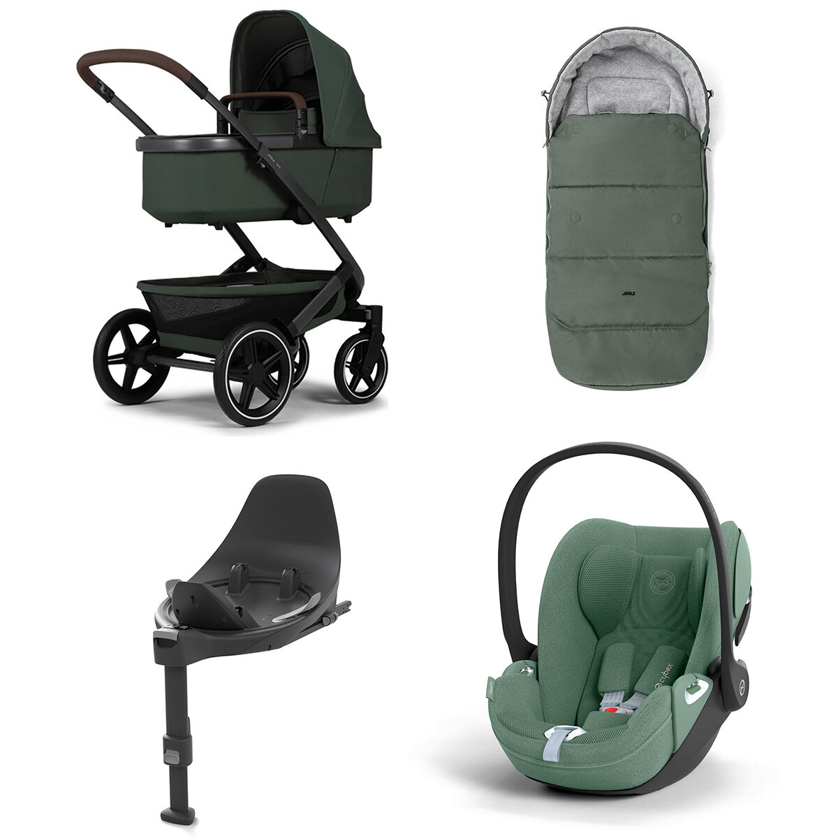 Joolz Geo 3 Mono Kinderwagen Set 4 in 1 inkl. Fußsack, Cybex Base T und Cybex Cloud T i-Size Babyschale Forest Green Cloud T i-Size Plus Leaf Green