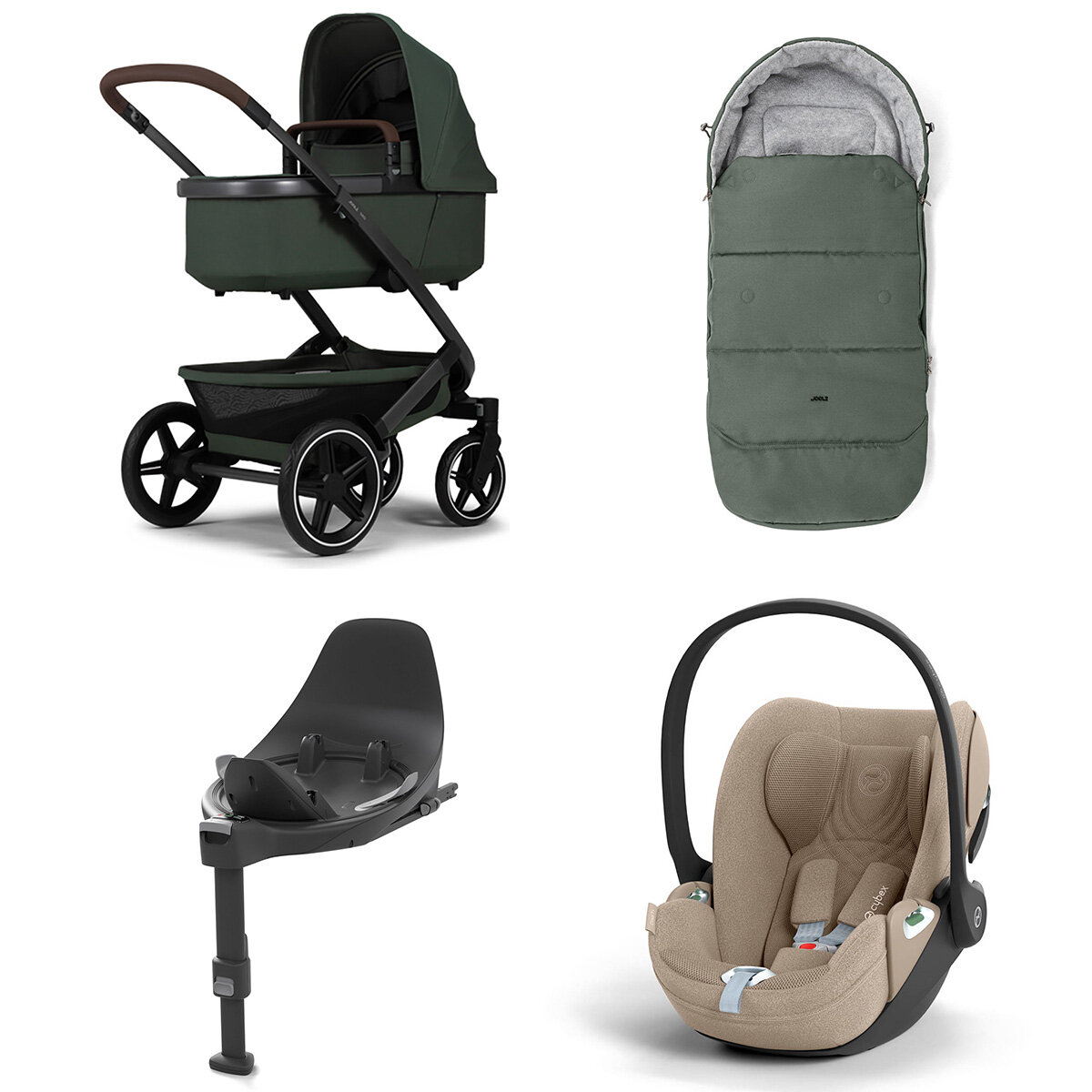 Joolz Geo 3 Mono Kinderwagen Set 4 in 1 inkl. Fußsack, Cybex Base T und Cybex Cloud T i-Size Babyschale Forest Green Cloud T i-Size Plus Cozy Beige