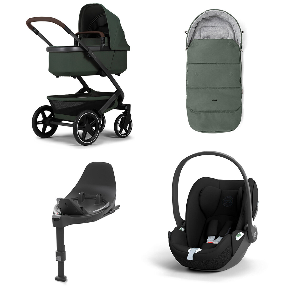 Joolz Geo 3 Mono Kinderwagen Set 4 in 1 inkl. Fußsack, Cybex Base T und Cybex Cloud T i-Size Babyschale Forest Green Cloud T i-Size Sepia Black
