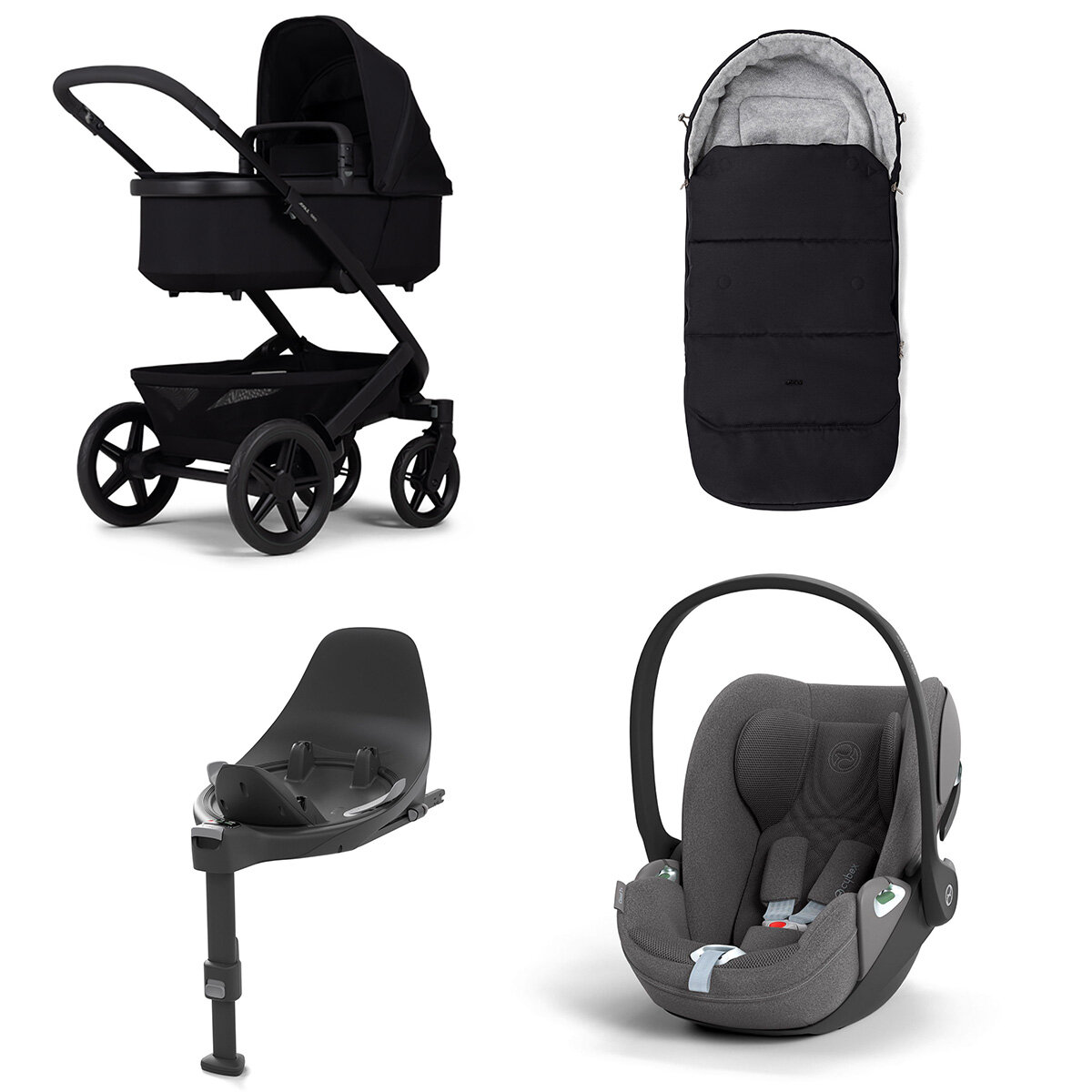 Joolz Geo 3 Mono Kinderwagen Set 4 in 1 inkl. Fußsack, Cybex Base T und Cybex Cloud T i-Size Babyschale Space Black Cloud T i-Size Plus Mirage Grey