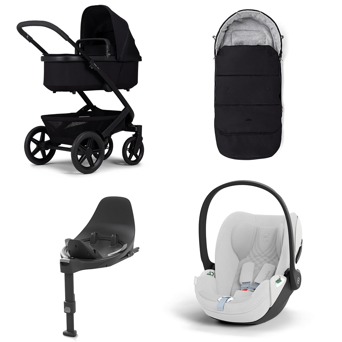 Joolz Geo 3 Mono Kinderwagen Set 4 in 1 inkl. Fußsack, Cybex Base T und Cybex Cloud T i-Size Babyschale Space Black Cloud T i-Size Plus Platinum White