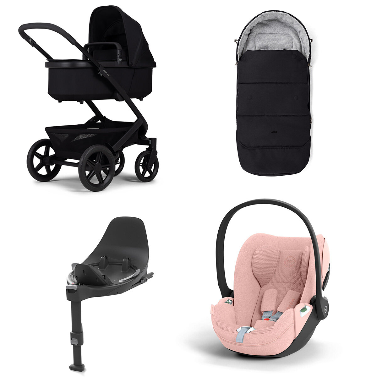 Joolz Geo 3 Mono Kinderwagen Set 4 in 1 inkl. Fußsack, Cybex Base T und Cybex Cloud T i-Size Babyschale Space Black Cloud T i-Size Plus Peach Pink