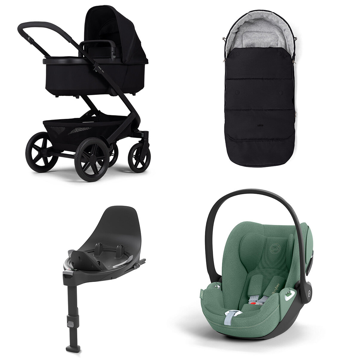 Joolz Geo 3 Mono Kinderwagen Set 4 in 1 inkl. Fußsack, Cybex Base T und Cybex Cloud T i-Size Babyschale Space Black Cloud T i-Size Plus Leaf Green