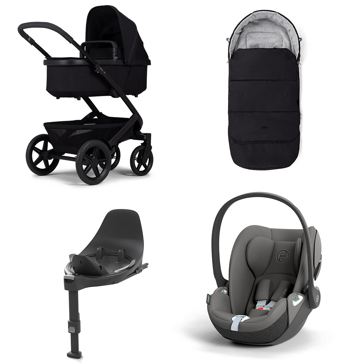 Joolz Geo 3 Mono Kinderwagen Set 4 in 1 inkl. Fußsack, Cybex Base T und Cybex Cloud T i-Size Babyschale Space Black Cloud T i-Size Mirage Grey