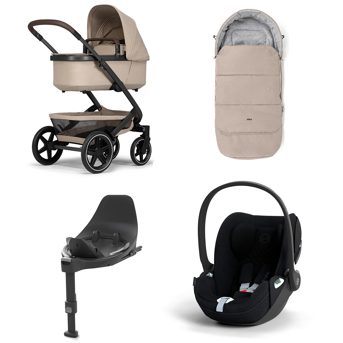 Joolz Geo 3 Mono Kinderwagen Set 4 in 1 inkl. Fußsack, Cybex Base T und Cybex Cloud T i-Size Babyschale Sandy Taupe Cloud T i-Size Plus Sepia Black
