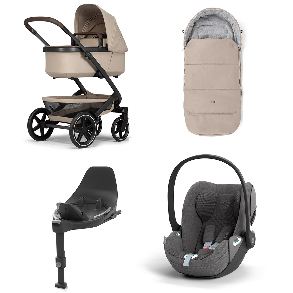 Joolz Geo 3 Mono Kinderwagen Set 4 in 1 inkl. Fußsack, Cybex Base T und Cybex Cloud T i-Size Babyschale Sandy Taupe Cloud T i-Size Plus Mirage Grey