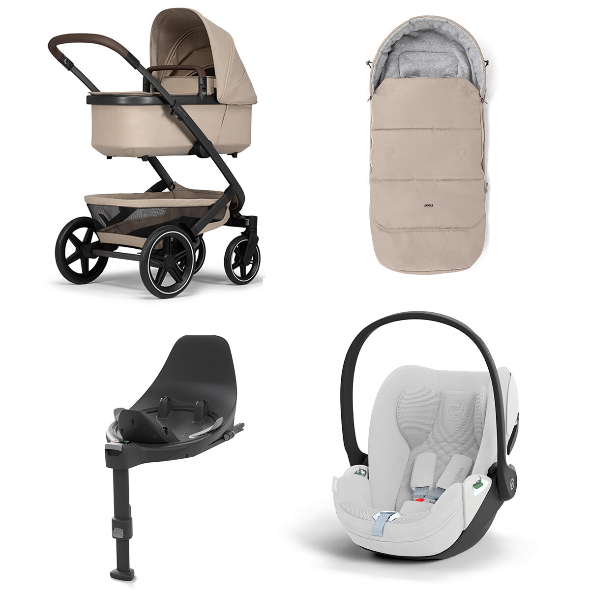 Joolz Geo 3 Mono Kinderwagen Set 4 in 1 inkl. Fußsack, Cybex Base T und Cybex Cloud T i-Size Babyschale Sandy Taupe Cloud T i-Size Plus Platinum White