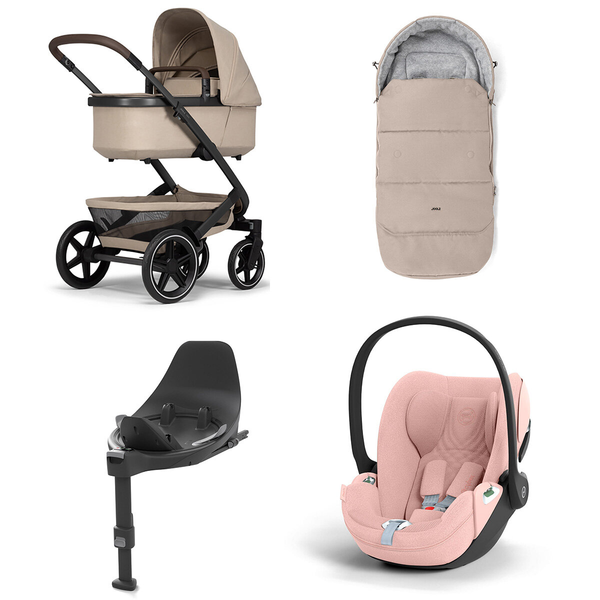 Joolz Geo 3 Mono Kinderwagen Set 4 in 1 inkl. Fußsack, Cybex Base T und Cybex Cloud T i-Size Babyschale Sandy Taupe Cloud T i-Size Plus Peach Pink