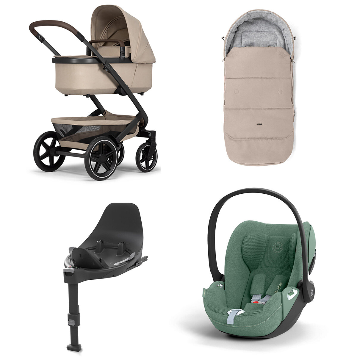 Joolz Geo 3 Mono Kinderwagen Set 4 in 1 inkl. Fußsack, Cybex Base T und Cybex Cloud T i-Size Babyschale Sandy Taupe Cloud T i-Size Plus Leaf Green