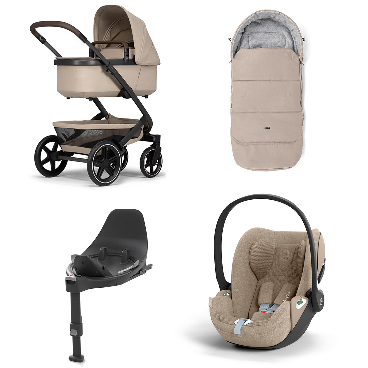 Joolz Geo 3 Mono Kinderwagen Set 4 in 1 inkl. Fußsack, Cybex Base T und Cybex Cloud T i-Size Babyschale Sandy Taupe Cloud T i-Size Plus Cozy Beige