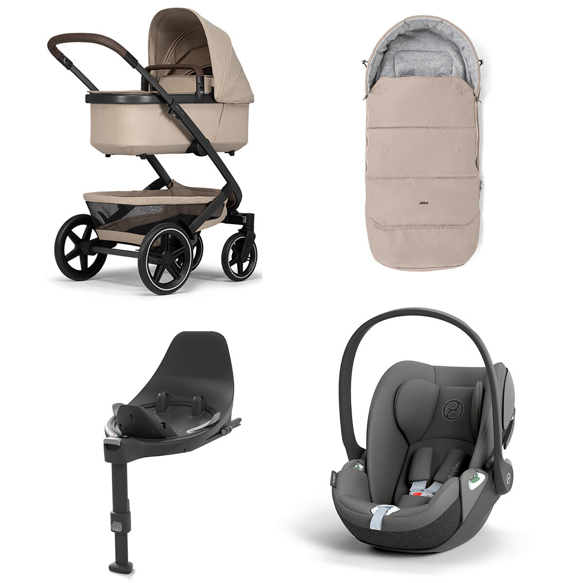Joolz Geo 3 Mono Kinderwagen Set 4 in 1 inkl. Fußsack, Cybex Base T und Cybex Cloud T i-Size Babyschale Sandy Taupe Cloud T i-Size Mirage Grey