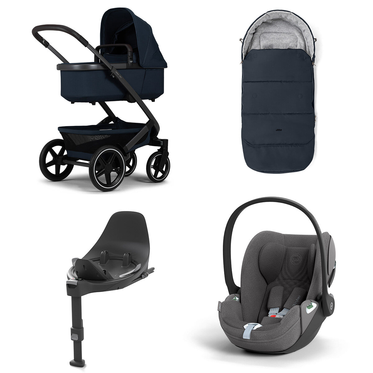 Joolz Geo 3 Mono Kinderwagen Set 4 in 1 inkl. Fußsack, Cybex Base T und Cybex Cloud T i-Size Babyschale Dark Navy Blue Cloud T i-Size Plus Mirage Grey