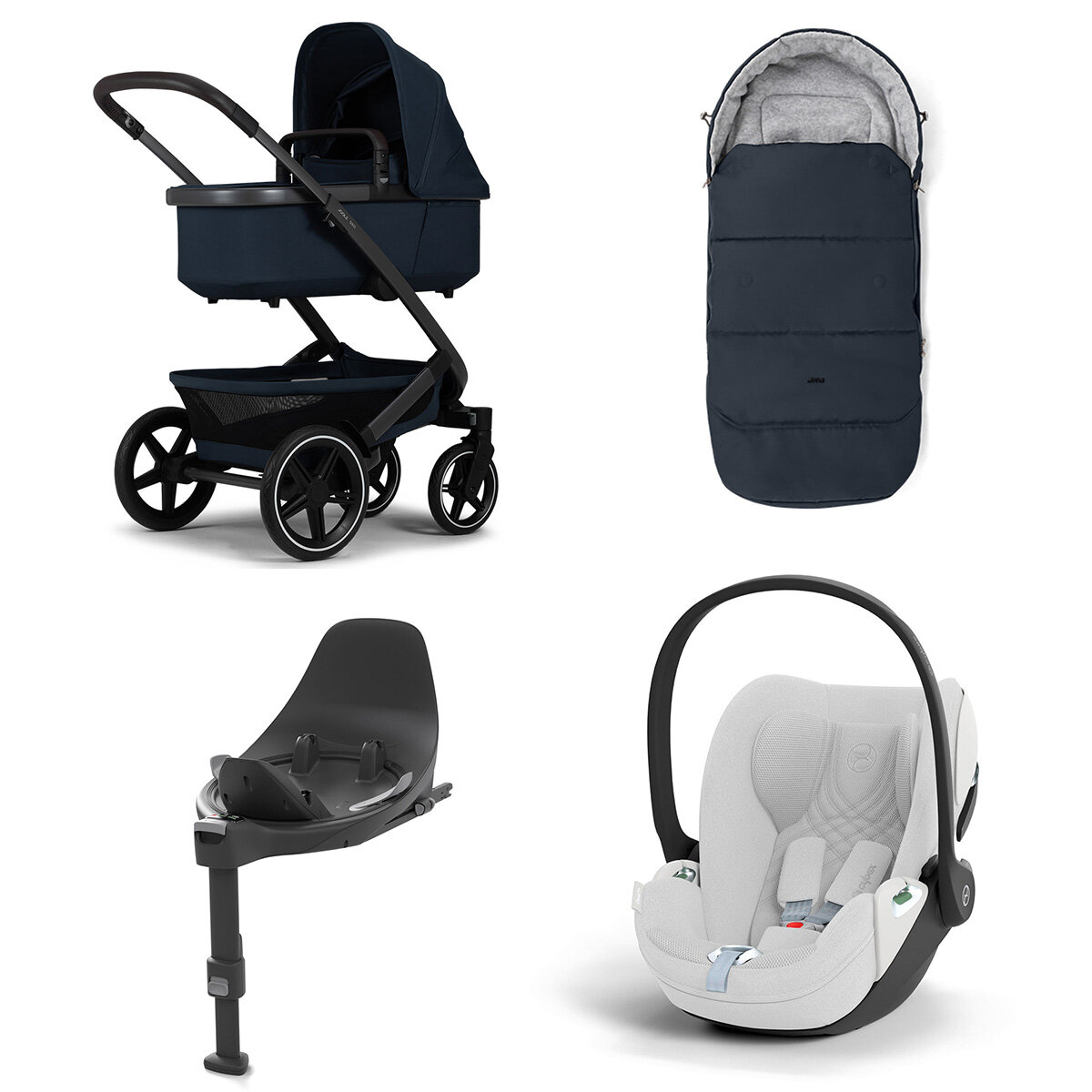 Joolz Geo 3 Mono Kinderwagen Set 4 in 1 inkl. Fußsack, Cybex Base T und Cybex Cloud T i-Size Babyschale Dark Navy Blue Cloud T i-Size Plus Platinum White