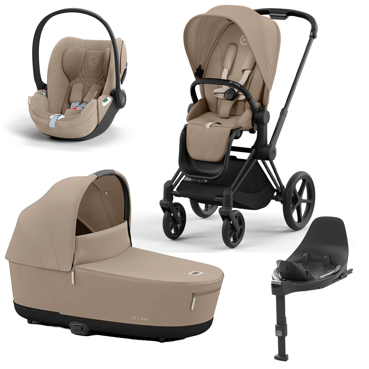 Cybex 4 in 1 Kinderwagen-Set Priam 4.0 mit Babyschale + Base matt black/cozy beige