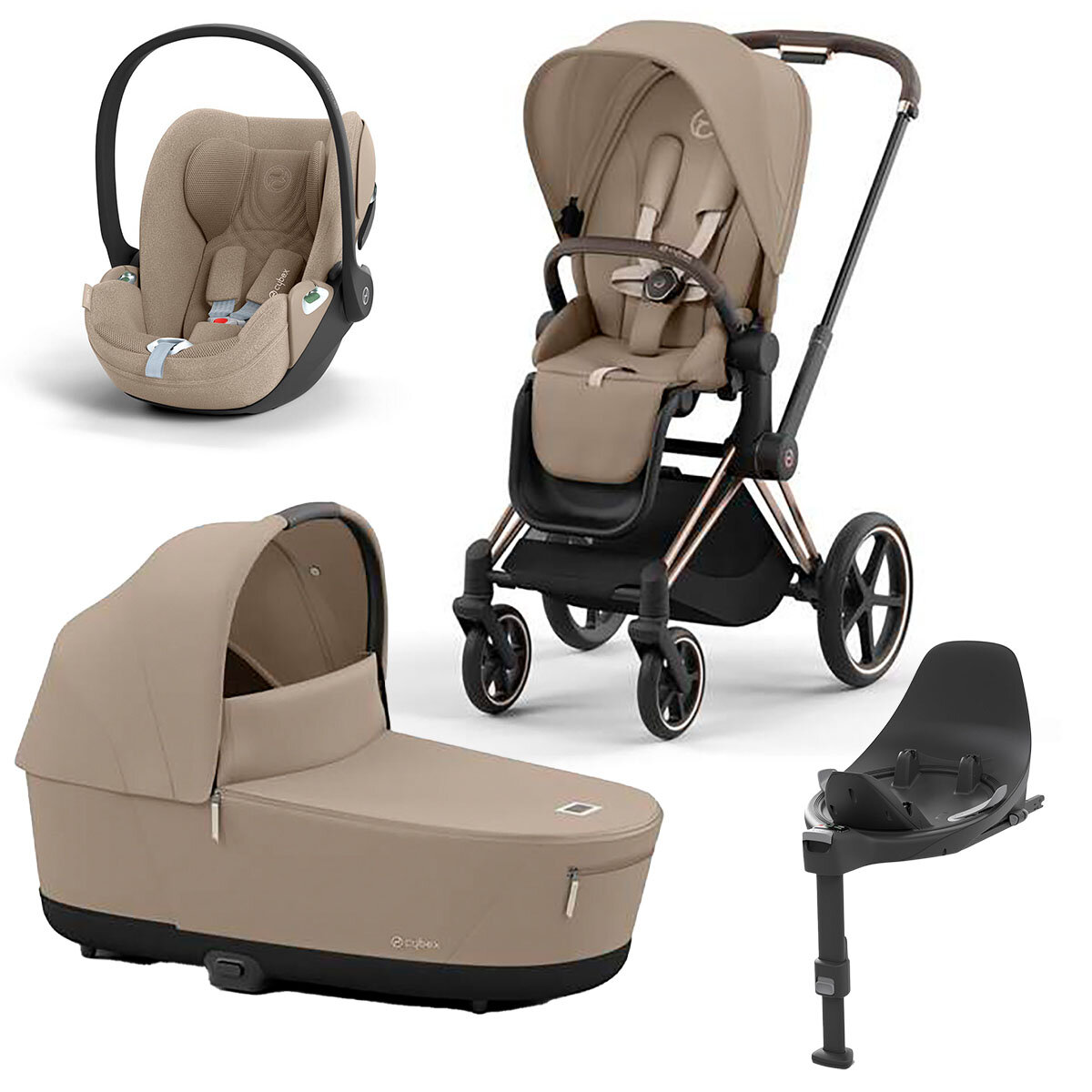 Cybex 4 in 1 Kinderwagen-Set Priam 4.0 mit Babyschale + Base rosegold/cozy beige