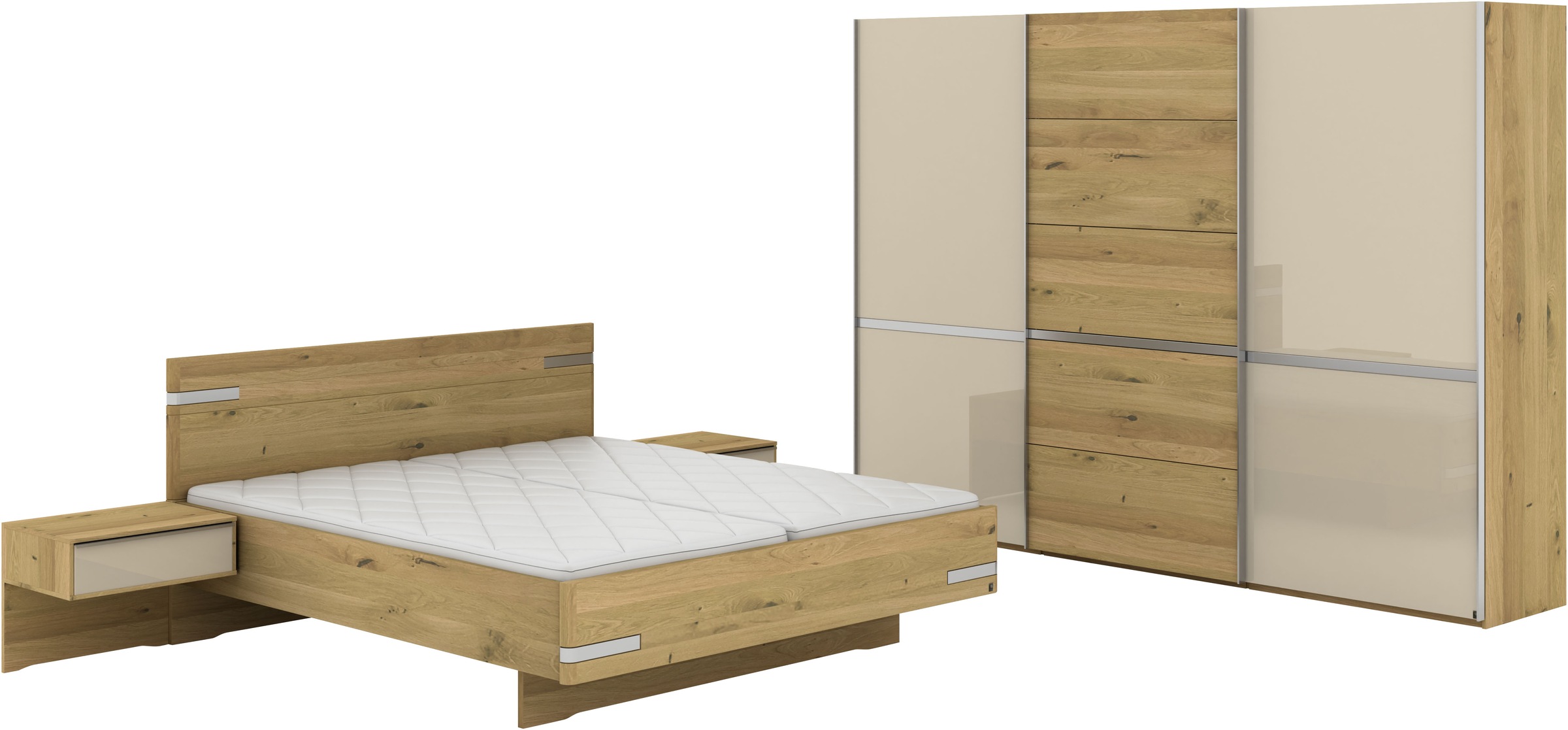 Musterring Schlafzimmer-Set 'Savona, Kleiderschrank, Bett & Nachtkommoden, teilmassiv Bianco-Eiche' 2er-Set Nachtschränke, Schwebetürenschrank, Bett 180x200 cm, Eiche- und Glastüren, Kopfteil Eiche, Konsolen Glasfront, Höhe 217cm