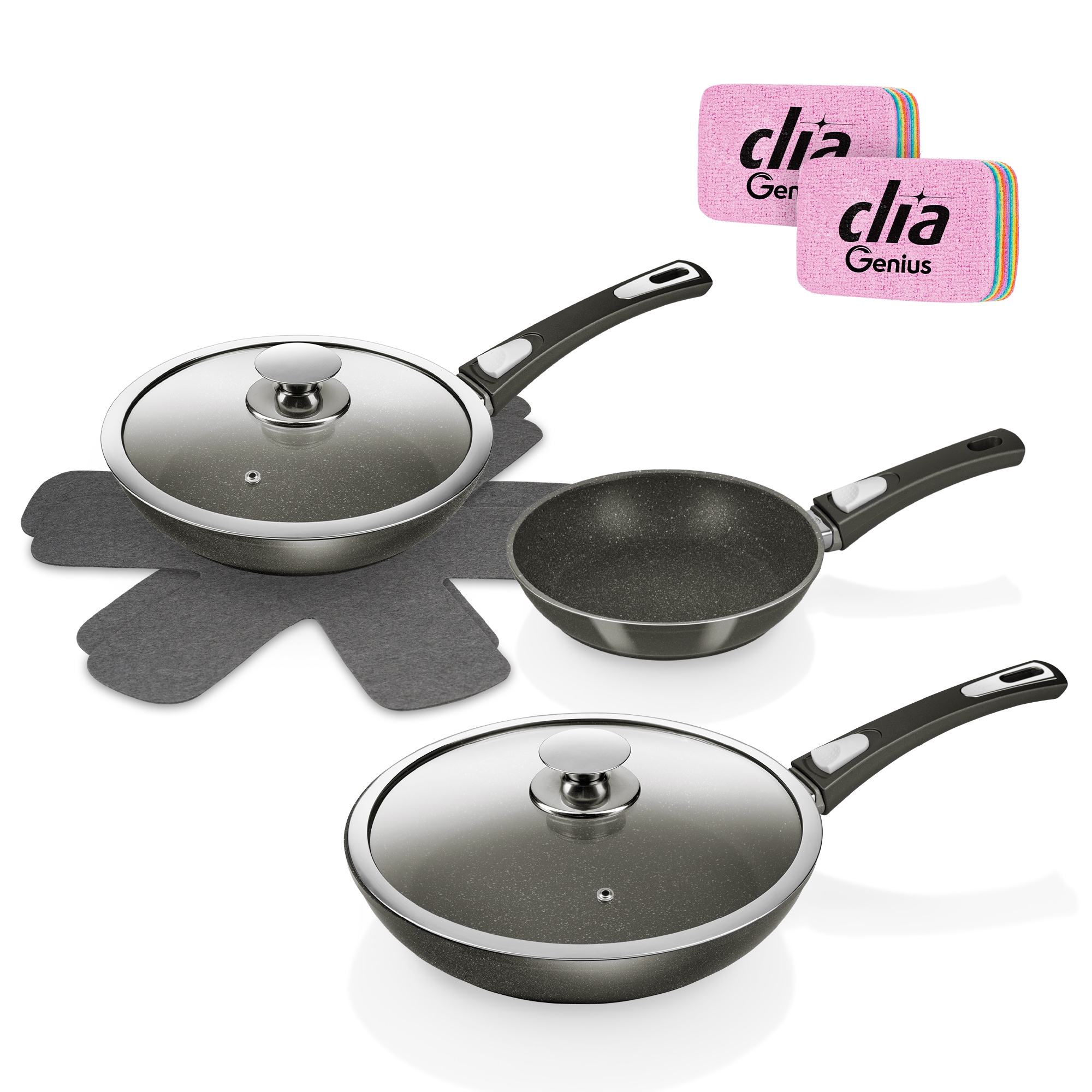 Genius Pfannen-Set 'Bonafit Ø 20, 24, 28 cm, inkl. Rainbow Schwämme, Set 9-tlg.' Edelstahl 18/10 Set, Bonafit - Pfannen 20cm, 24cm, 28cm, 2x Deckel, 2x Einleger, 2x Schwamm, 9 Stk. tlg. abnehmbarer Griff, hitzebeständig, spülmaschinengeeignet