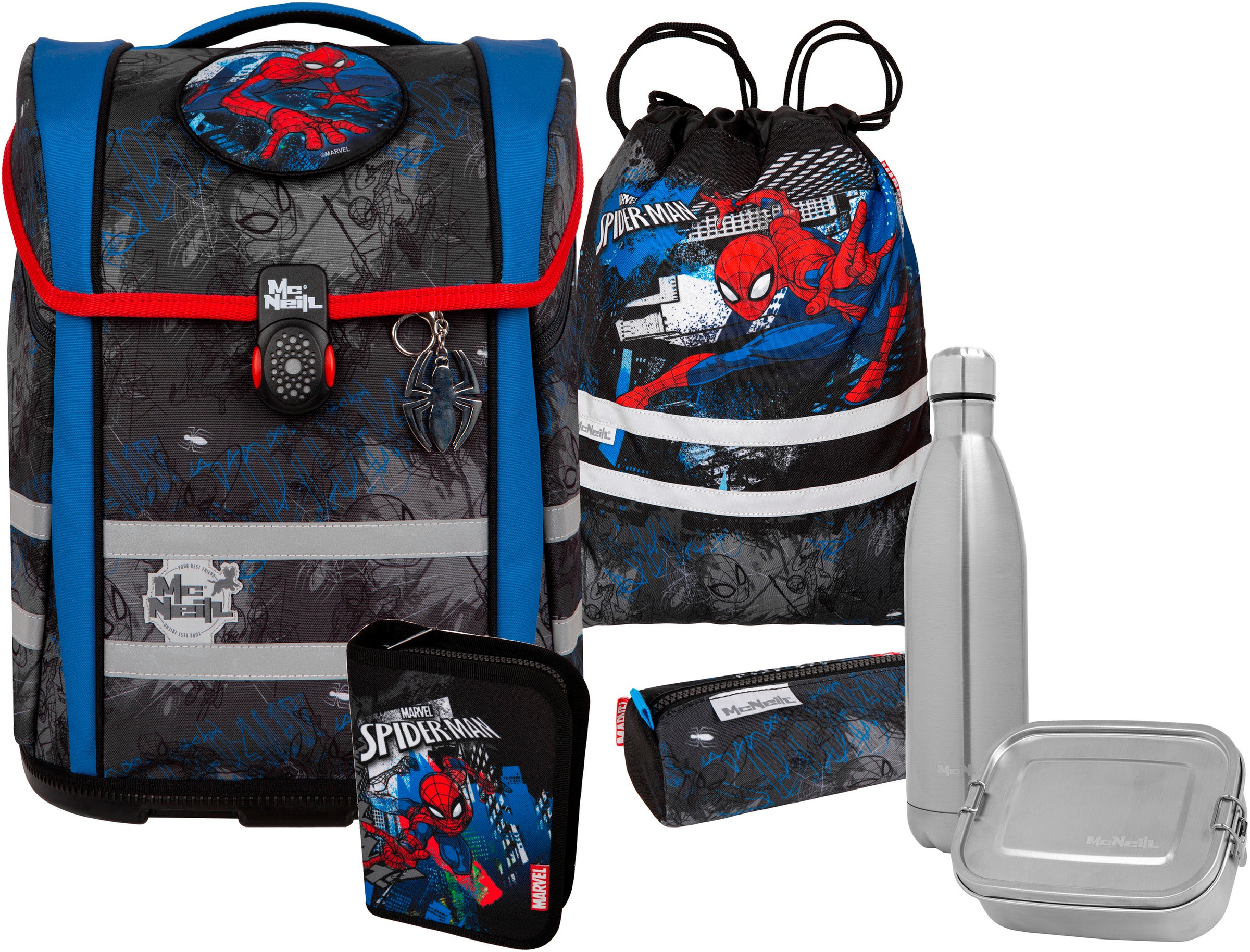 McNeill Schulranzen 'Perfecto, Marvel, Spider Man' reflektierende Streifen auf den Schultergurten;retroreflektierende Flächen inkl. Federmäppchen, Turnbeutel, Schlamperrolle & Motivmagnet