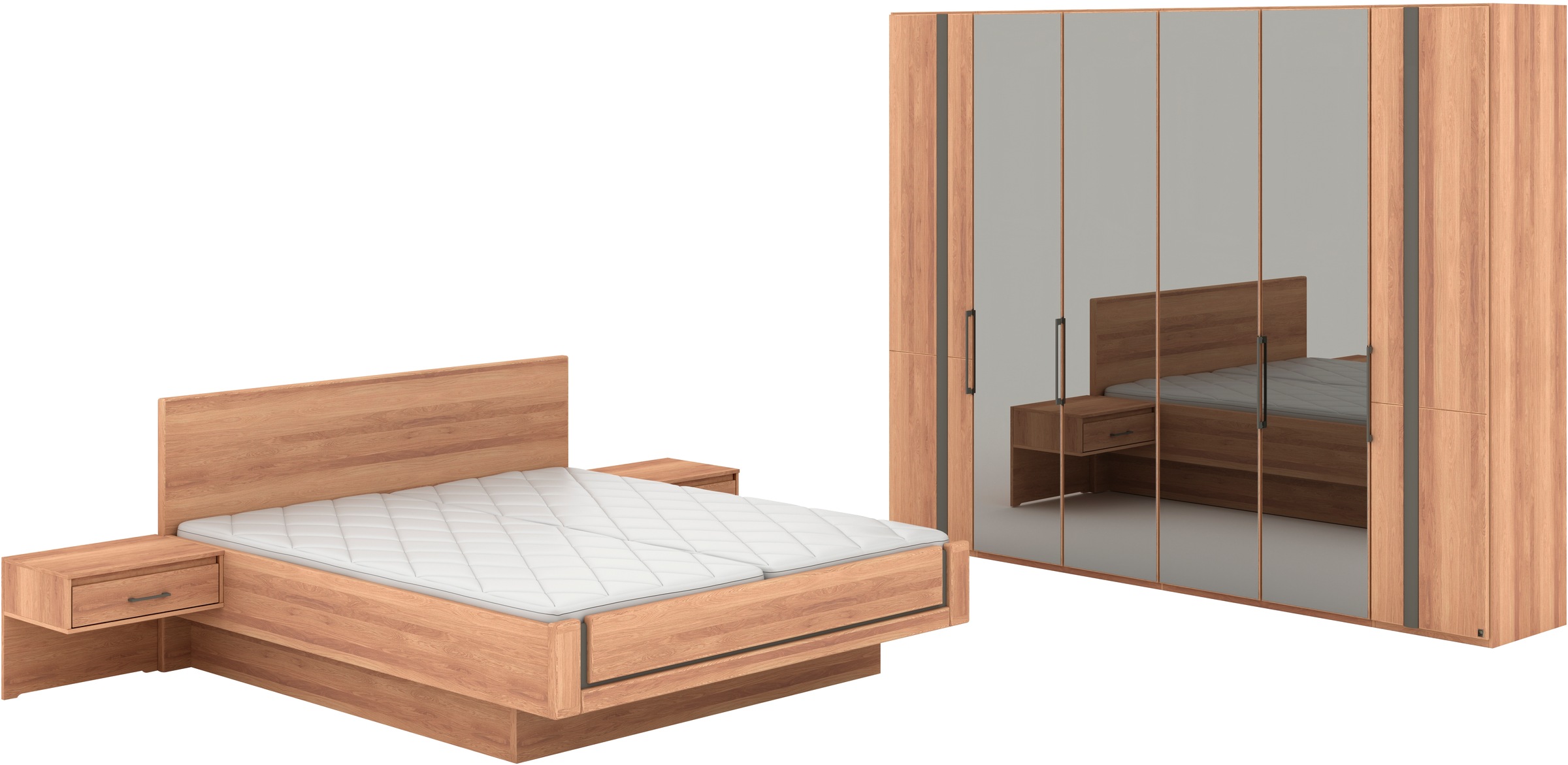 Musterring Schlafzimmer-Set 'Sorrent, Kleiderschrank, Bett & Nachtkommoden, teilmassiv Eiche' 2er-Set Nachtschränke, Drehtürenschrank 300 cm, Bett 180x200 cm, Bett schwebende Optik, Eiche teilmassiv, Spiegeltüren in Parsol-Bronze