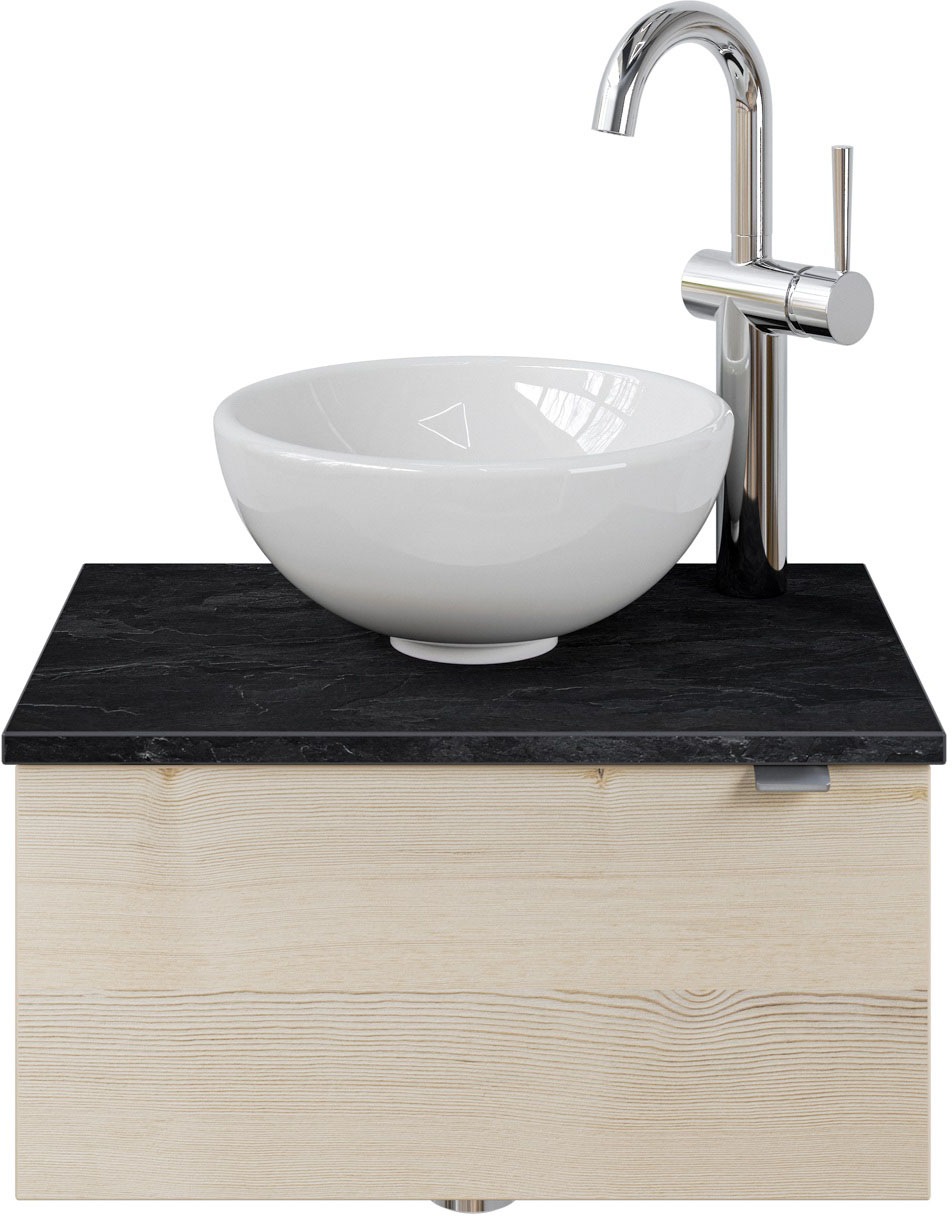 Saphir Waschtisch 'Serie 6915 Waschschale mit Unterschrank für Gästebad, Gäste WC' Keramik-Aufsatzbecken, Waschtischplatte, Waschtischunterschrank, 3 Stk. tlg. 51 cm mit Keramik-Aufsatzbecken und 1 Tür