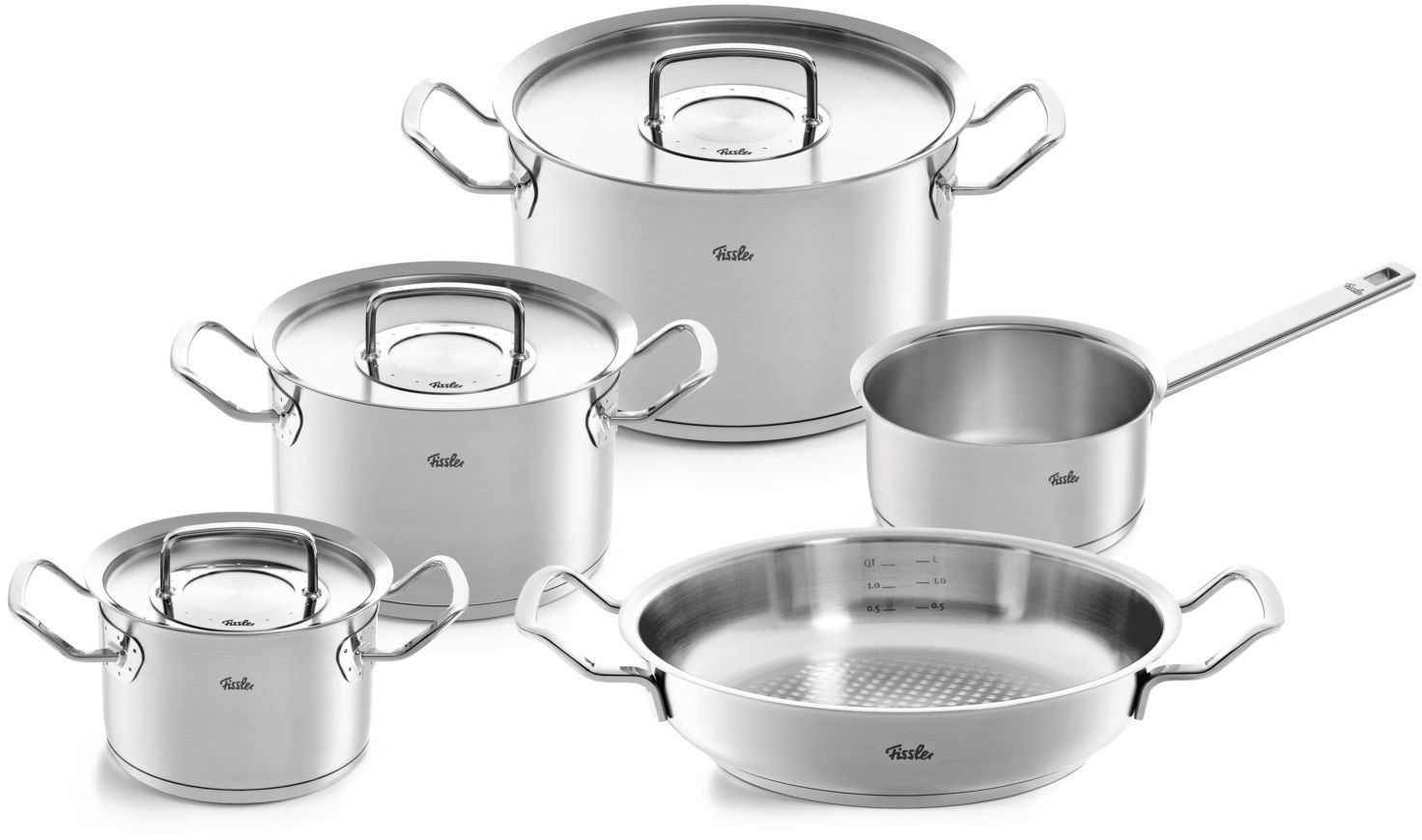 Fissler Topf-Set 'ORIGINAL-PROFI COLLECTION Edelstahl-Topfset' Edelstahl 18/10 je 1 Kochtopf 16/20/24 cm, Stielkasserolle 16 cm, Servierpfanne 24 cm, 8 Stk. tlg. mit breitem Schüttrand, Kaltmetallgriffen. Made in Germany