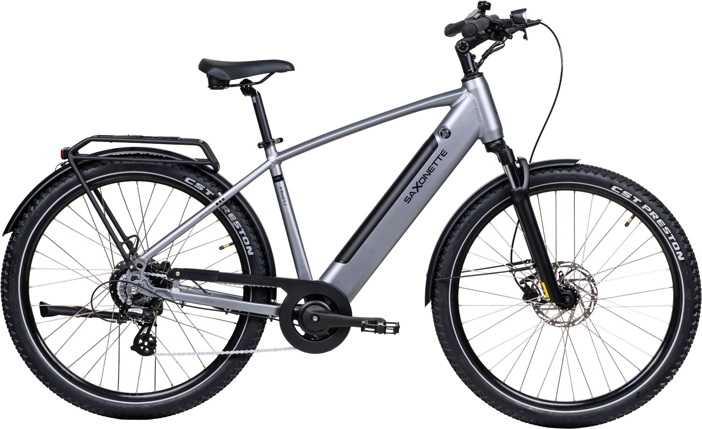 SAXONETTE 'SAXONETTE X-Road 5.2 E- All Terrain Bikes' 7 Gang Shimano Altus 7 Gänge Schaltwerk Kettenschaltung Heckmotor 250 W Packung, (mit integr. Akku), Elektrofahrrad für Alltag und Einkauf