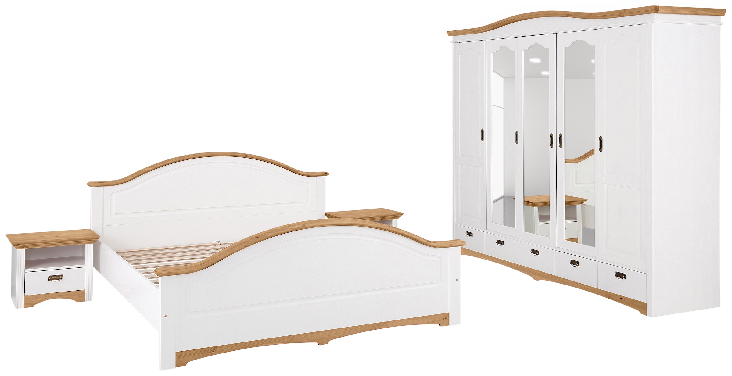 OTTO home Schlafzimmer-Set ''Konrad', komplettes Schlafzimmer mit großem Schrank' Set, Kleiderschrank 5 türig mit Schubladen, 2 Nachttische, Bett 180x200cm, 4 Stk. tlg. mit 5-trg. Kleiderschrank, Bett 180/200 cm und 2 Nachttischen