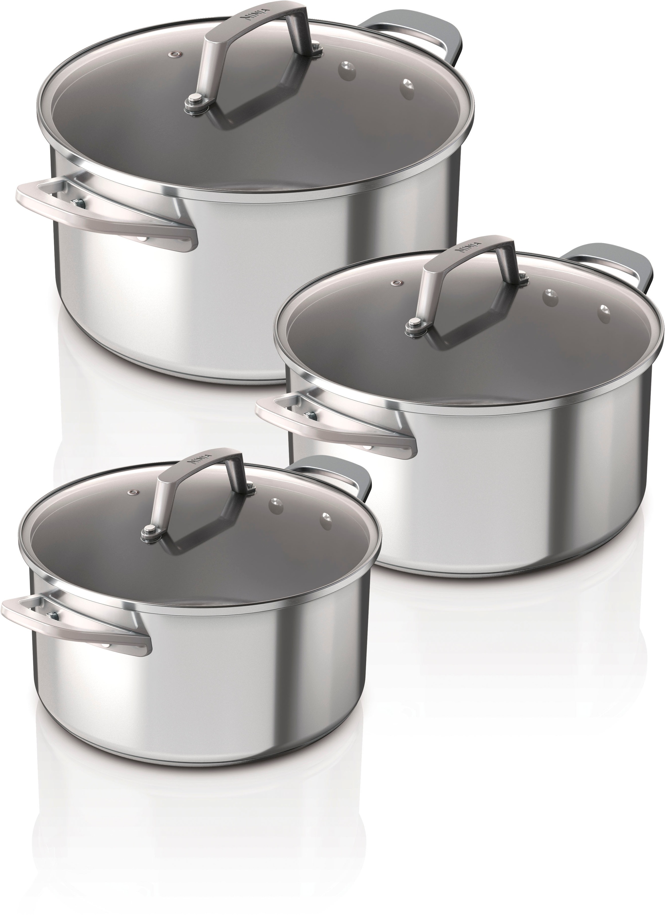 NINJA Topf-Set 'Ninja ZEROSTICK 3-teiliges Topf-Set aus Edelstahl C63000DE' Edelstahl Set, je 1 Kochtopf Ø 16,18,20 cm, Inhalt 1,4 L, 2,3 L, 3,3 L, 3 Stk. tlg. Edelstahl mit Aluminiumbeschichtung für Braten bei hohen Temperaturen