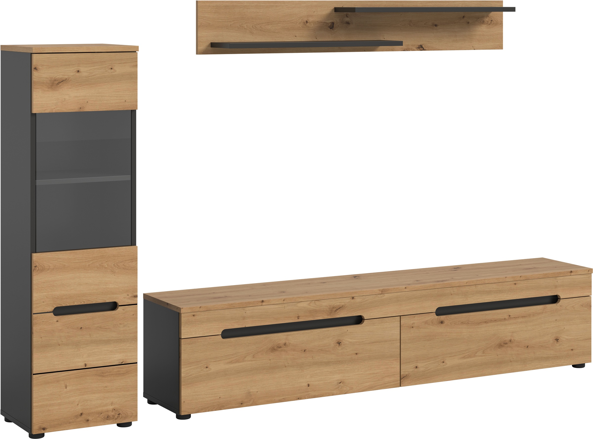 INOSIGN Wohnwand 'REHAT, TOPSELLER, 3-teilig, wahlweise stehend und hängend montierbar' Set bestehend aus: Vitrine, Lowboard und Wandboard, 2 Stk. tlg. Kombination, Anbauwand, Set, Wohn-Set, Wohnzimmer-Set, Schrankwand