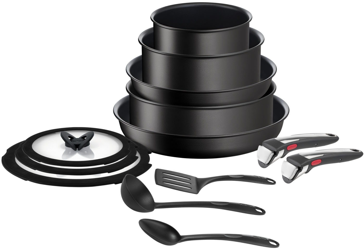 Tefal Topf-Set 'Ingenio Unlimited On Pfannen und Töpfe induktionsgeeignet, Antihaft' Aluminium Set, Kasserolle 16/20/24 cm, Bratpfanne 24/28 cm, 3 Deckel, Küchenhelfer, 13 Stk. tlg. Thermo-Signal, abnehmbarer Griff, für alle Herdarten geeignet