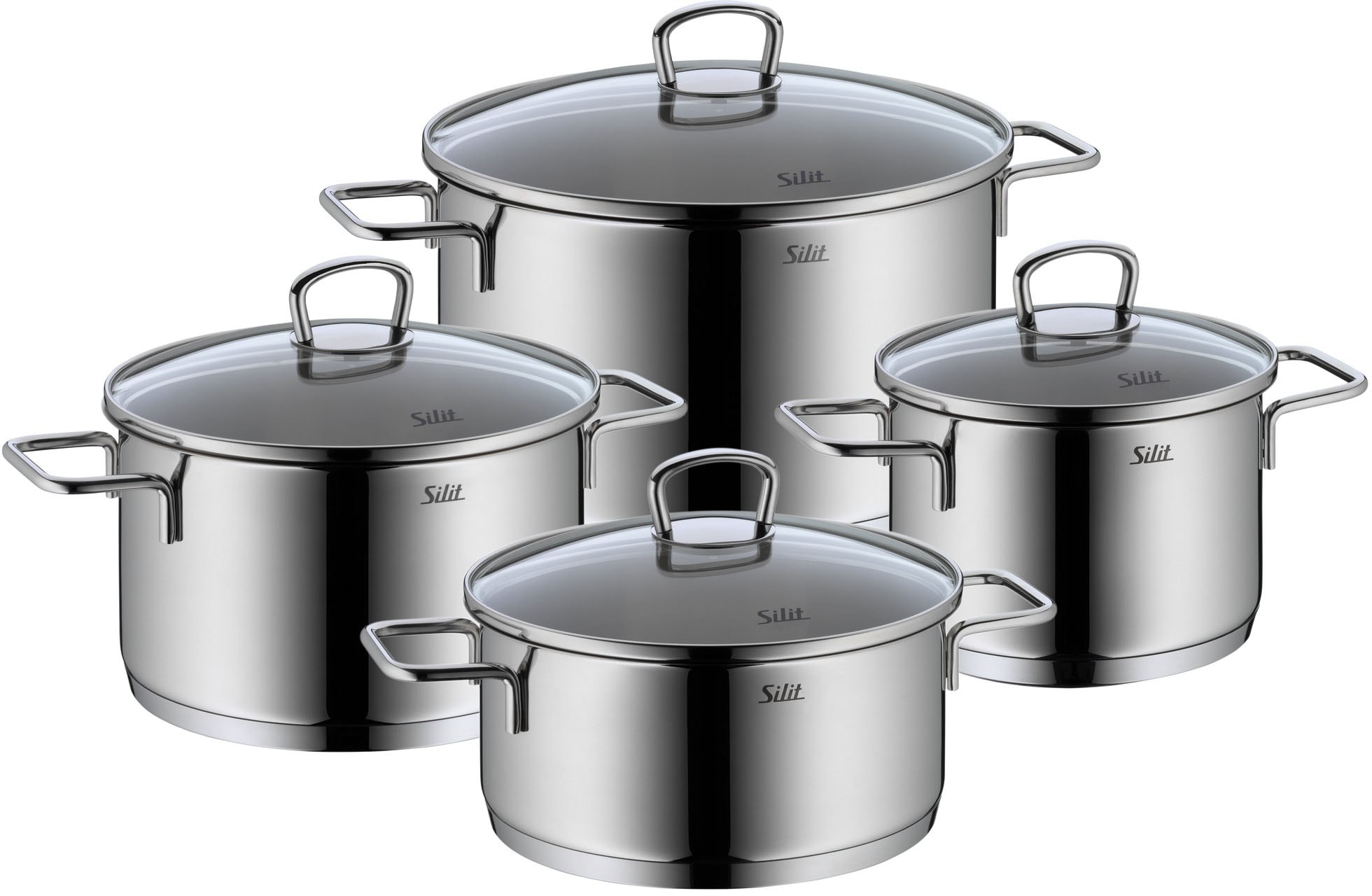 Silit Topf-Set 'Alicante Induktions Töpfe Set mit Glasdeckel poliert' Edelstahl 18/10 Set, Bratentopf mit Deckel Ø 20 cm, Fleischtopf mit Deckel Ø 16/20/24 cm, 8 Stk. tlg. unbeschichtet, ohne Skalierung, für alle Herdarten geeignet