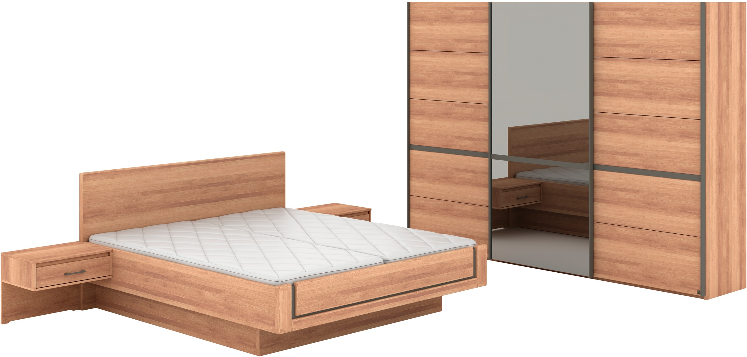 Musterring Schlafzimmer-Set 'Sorrent, Kleiderschrank, Bett & Nachtkommoden, teilmassiv Eiche' 2er-Set Nachtschränke, Schwebetürenschrank 300 cm, Bett 180x200 cm, mit Schwebetürenschrank, Bett mit Stollenfuß, Breite Schrank 250 cm