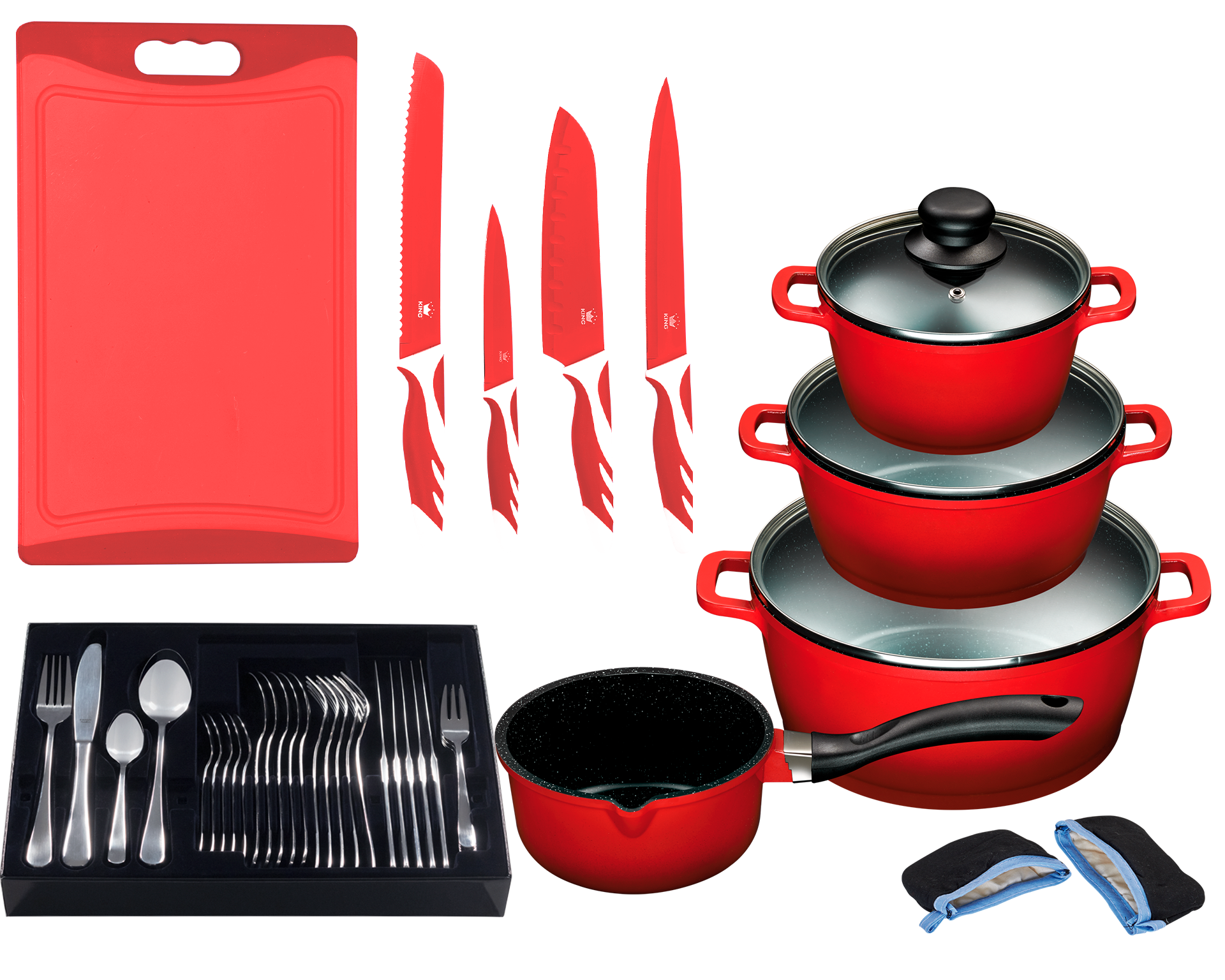 KING Topf-Set ''ALUGUSS' Aluminiumguss, Induktion, Antihaftbeschichtung' Aluminiumguss Set, 3 Töpfe, 1 Stieltopf, 3 Glasdeckel, 43 Stk. tlg. inkl. 4 Küchenmesser, 1 Schneidebrett, 1 Besteck-Set + Etui