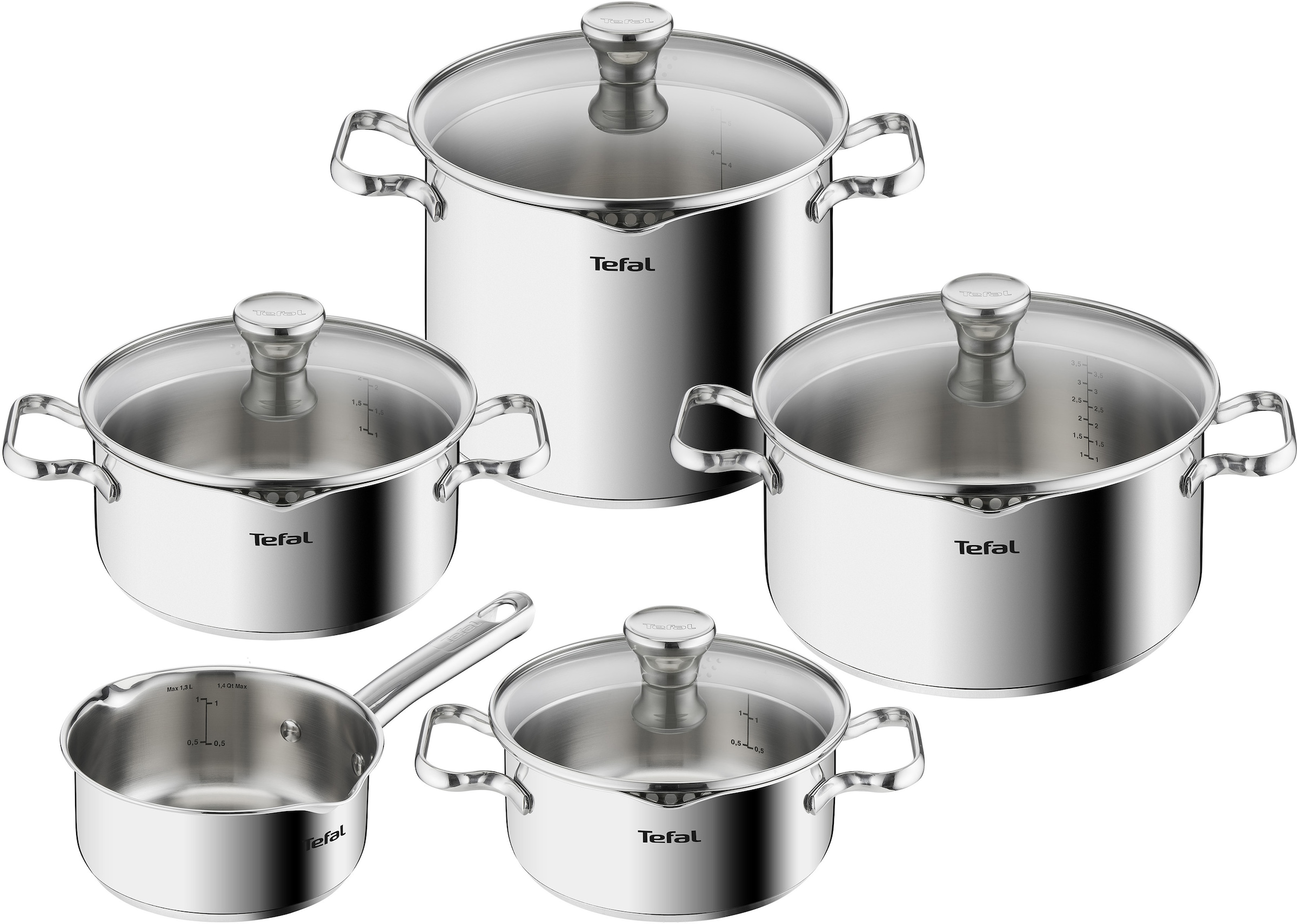 Tefal Topf-Set 'Duetto Induktion, robust und hochwertig, Induktions Töpfe Set' Edelstahl Set, 1x Stielkasserolle 16 cm, je 1 Kochtopf mit Deckel 18/20/22/24 cm, 9 Stk. tlg. mit Siebdeckel, für alle Herdarten geeignet