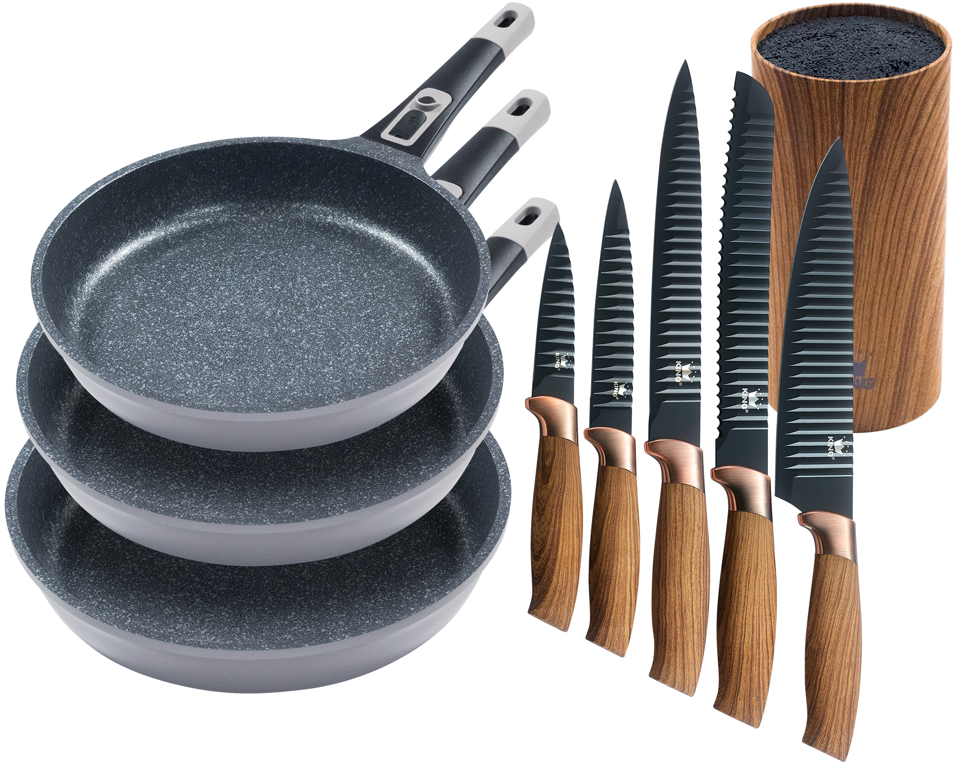 KING Pfannen-Set ''Moonscape 3er', inkl. Messer-Set und Messerblock' Aluminiumguss Set, 3 Pfannen, 5 Küchenmesser, 1 Messerblock, 9 Stk. tlg. Induktion, abnehmbarer Griff, MOONSCAPE-Beschichtung